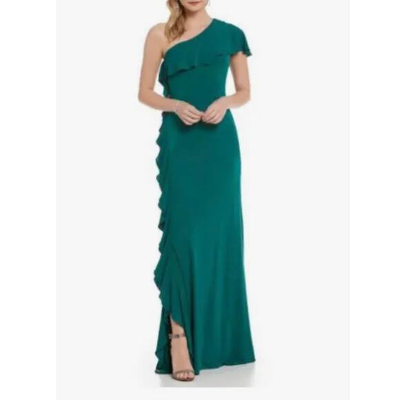 David Meister One Shoulder Ruffle Trim Maxi Dress Size 14 NWT Green - Picture 11 of 11